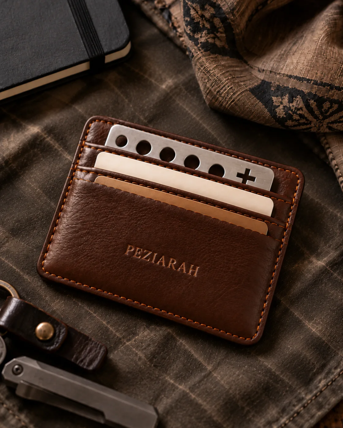 Card Holder Kulit Peziarah berisi Kartu Rosario Stainless dan dua kartu