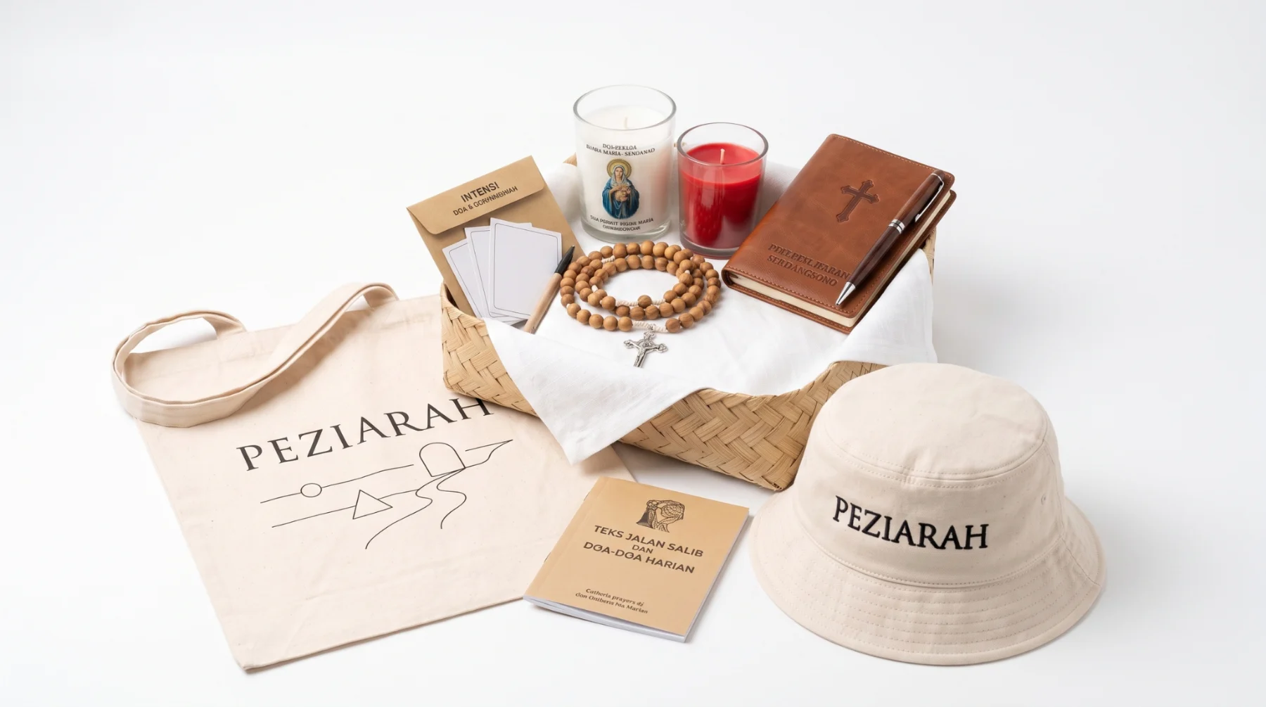 Satu set perlengkapan peziarah di atas latar putih: tote kanvas bertulisan PEZIARAH, keranjang anyaman berisi rosario kayu, lilin, buku doa dan jurnal perjalanan bersampul kulit, serta bucket hat