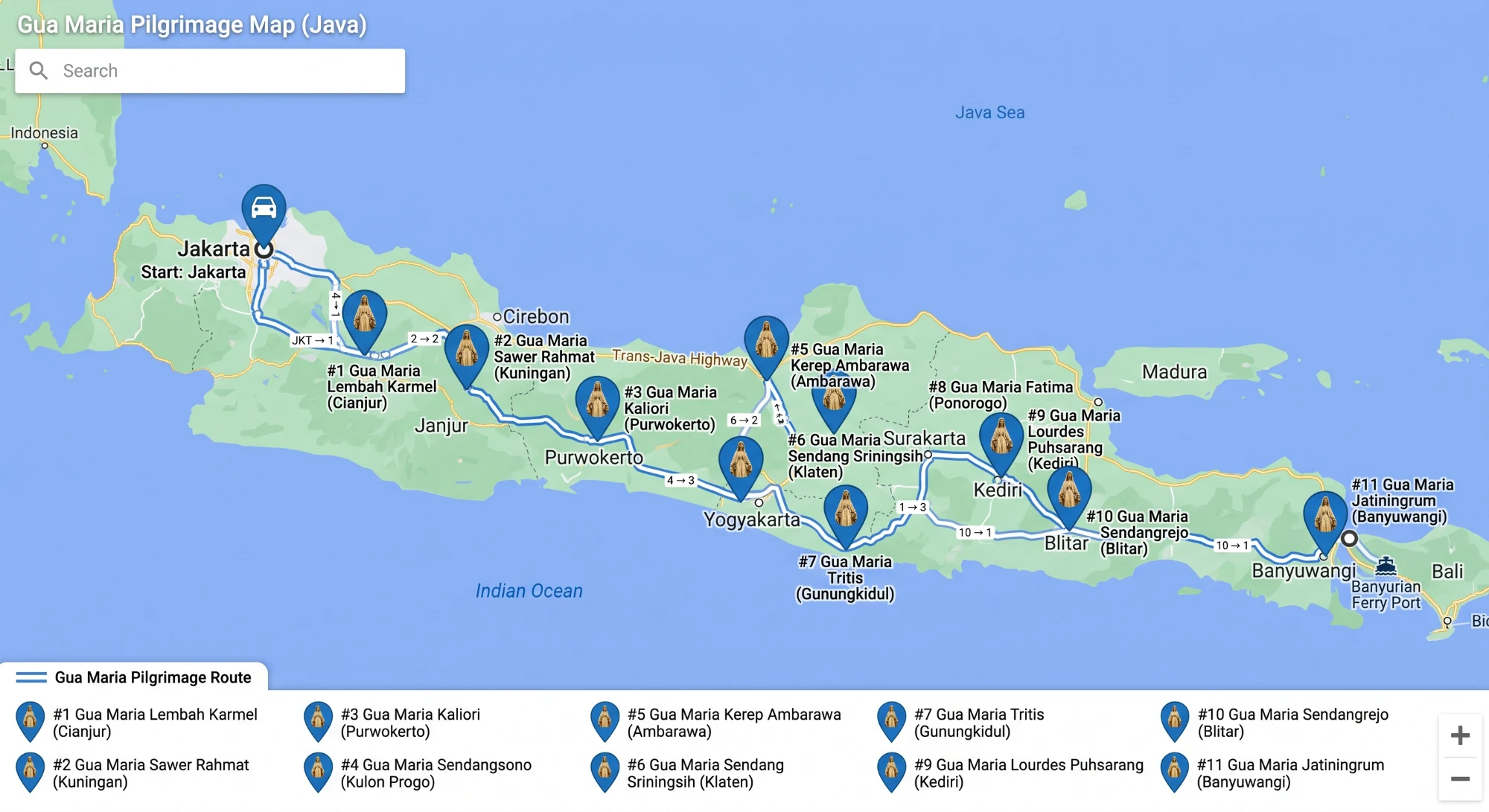 Peta sebelas gua Maria di Pulau Jawa, dari Cianjur sampai Banyuwangi