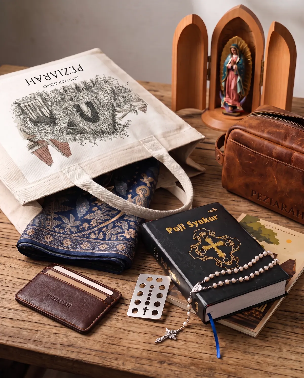 Peziarah Essentials: tote kanvas Sendangsono, batik Marian, dopp kit kulit, rosario mutiara, kartu rosario, dan Puji Syukur di atas meja kayu