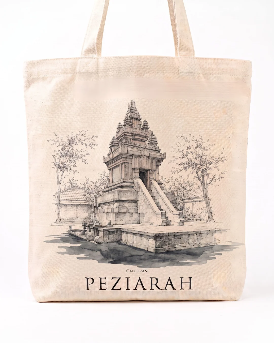 Tote Kanvas Ziarah — Ganjuran — ilustrasi tinta Ganjuran di kanvas katun natural