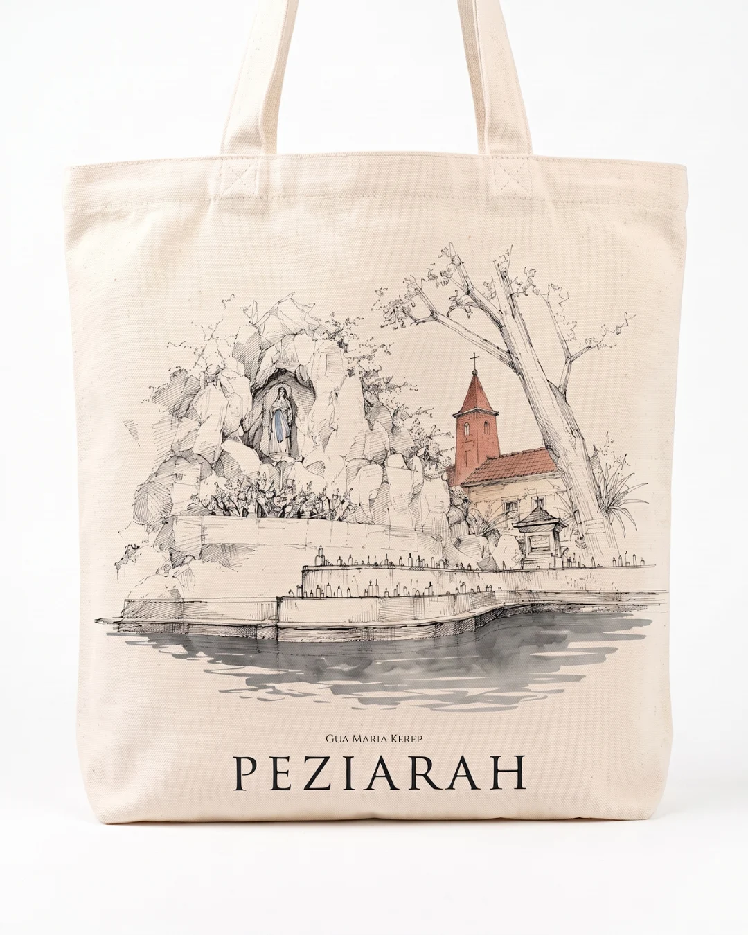 Tote Kanvas Ziarah — Gua Maria Kerep — ilustrasi tinta Gua Maria Kerep di kanvas katun natural