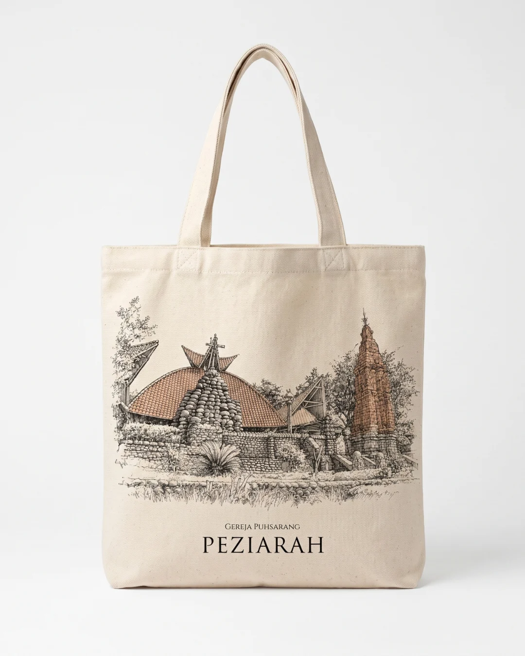 Tote Kanvas Ziarah — Gereja Puhsarang — ilustrasi tinta Gereja Puhsarang di kanvas katun natural