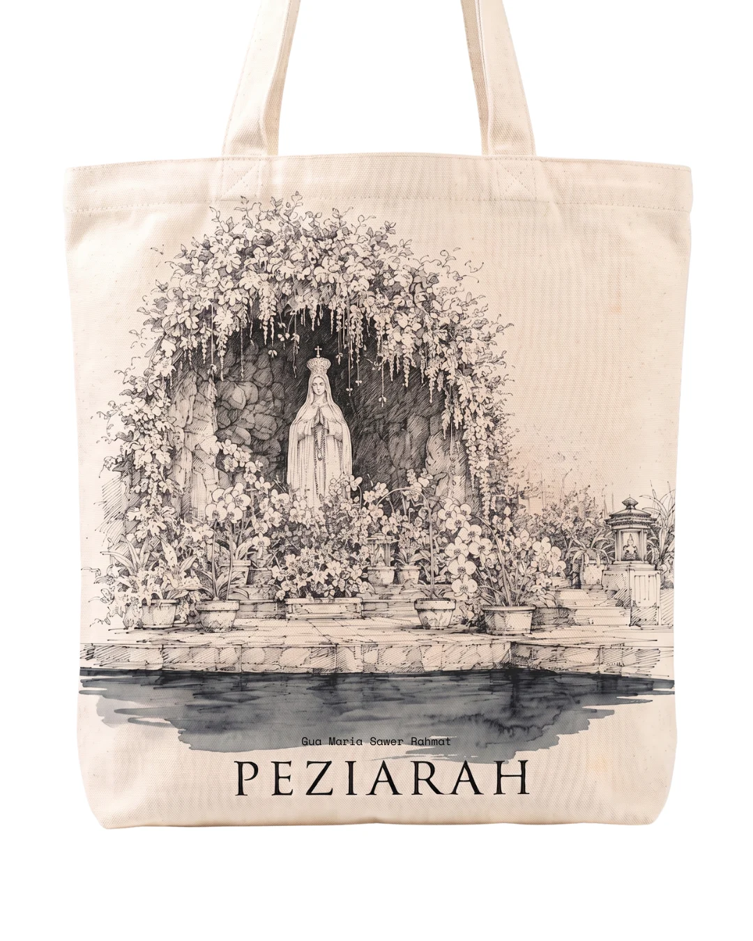 Tote Kanvas Ziarah — Gua Maria Sawer Rahmat — ilustrasi tinta Gua Maria Sawer Rahmat di kanvas katun natural