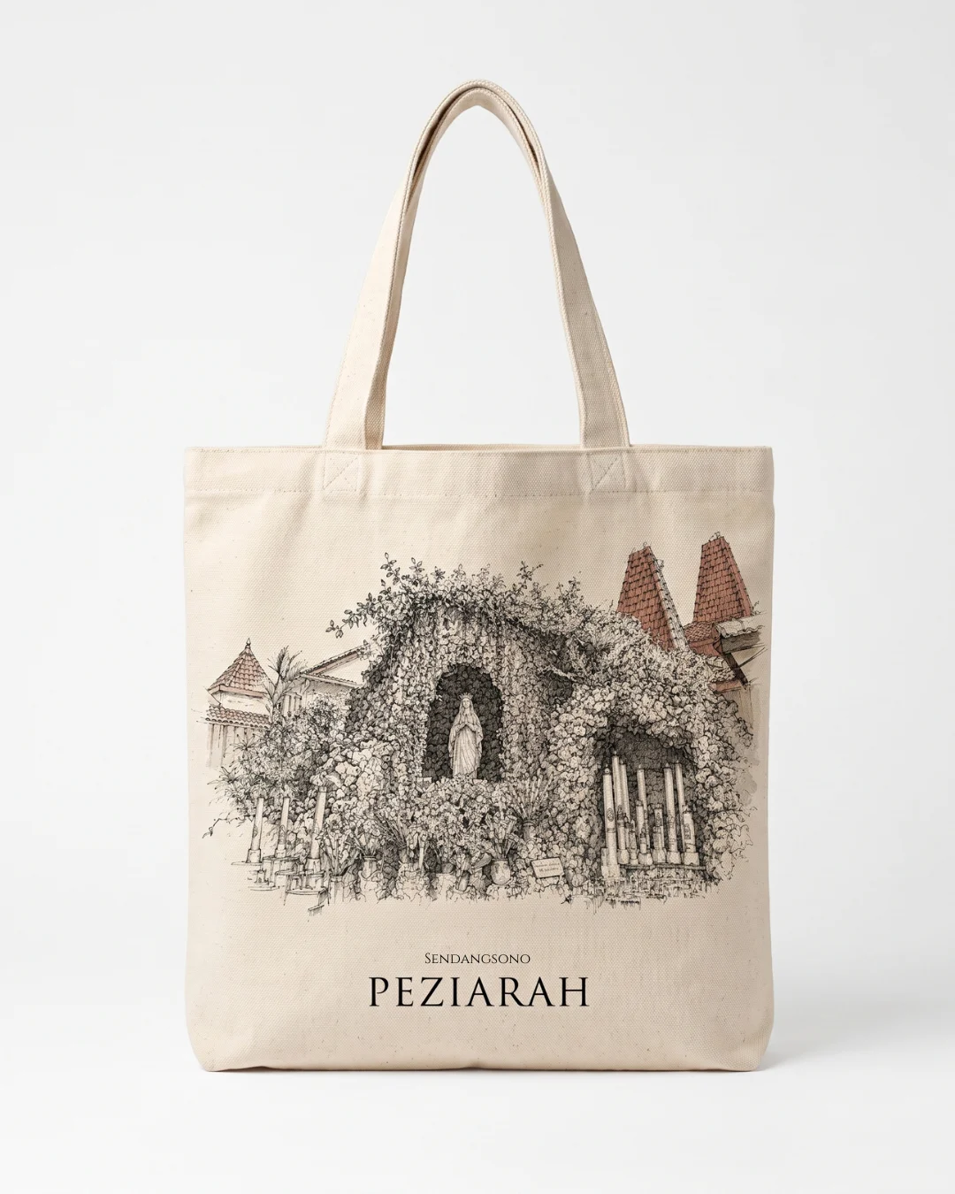 Tote Kanvas Ziarah — Sendangsono — ilustrasi tinta Sendangsono di kanvas katun natural