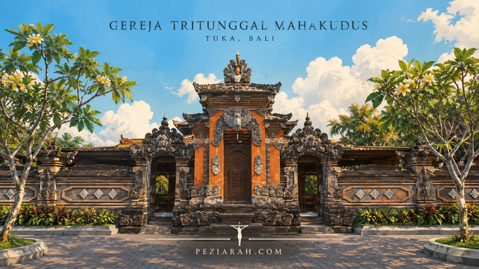 Gerbang angkul-angkul Gereja Tritunggal Mahakudus Tuka, Bali — ukiran batu paras dengan pintu kayu dan atap limas gaya wantilan